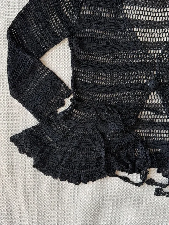 Black Boho Dainty Tassel Lace Tie Knit Cardigan Ruffled Trim - Picture 3 of 3